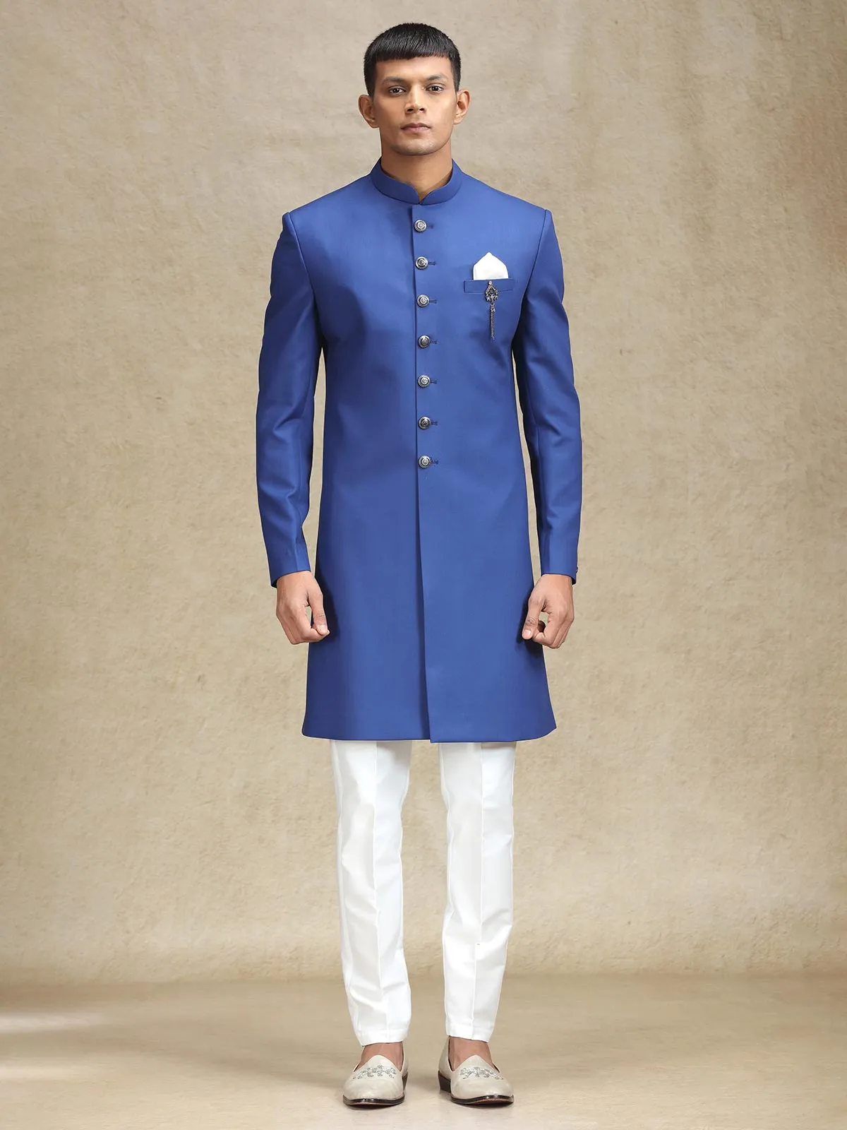 Royal blue indo western in terry rayon for men