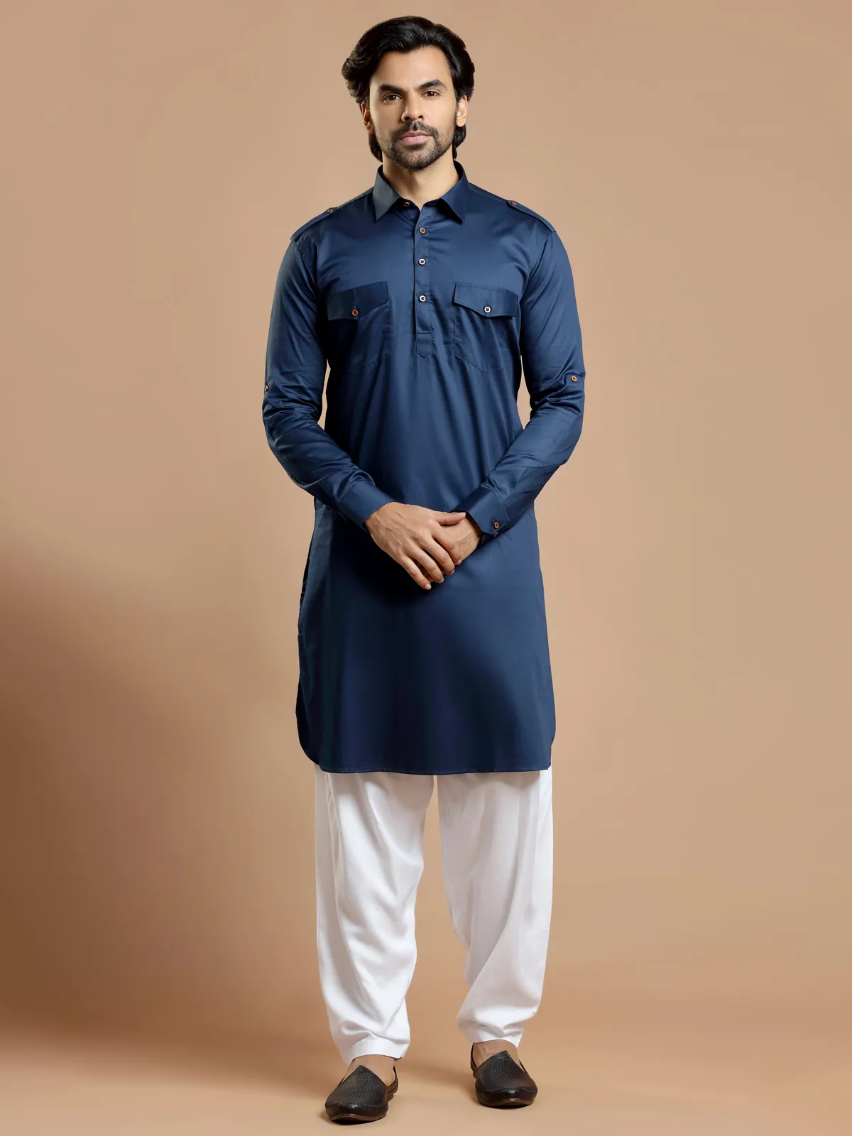 Royal blue men festive occasions cotton silk pathani suit