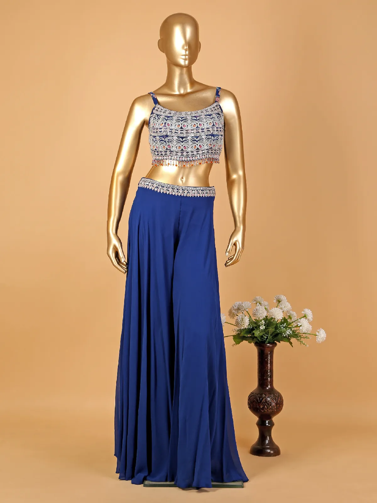 Royal blue palazzo suit with floral print shrug