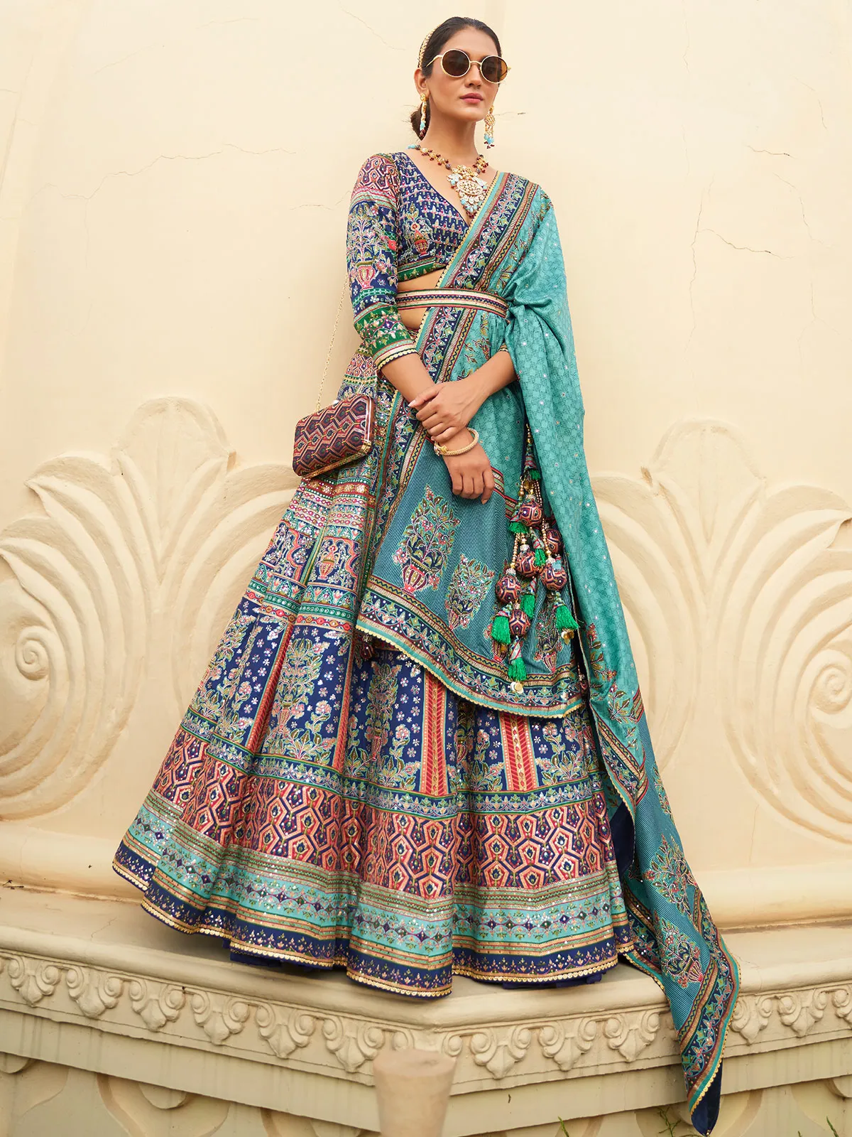 Royal blue printed silk lehenga choli