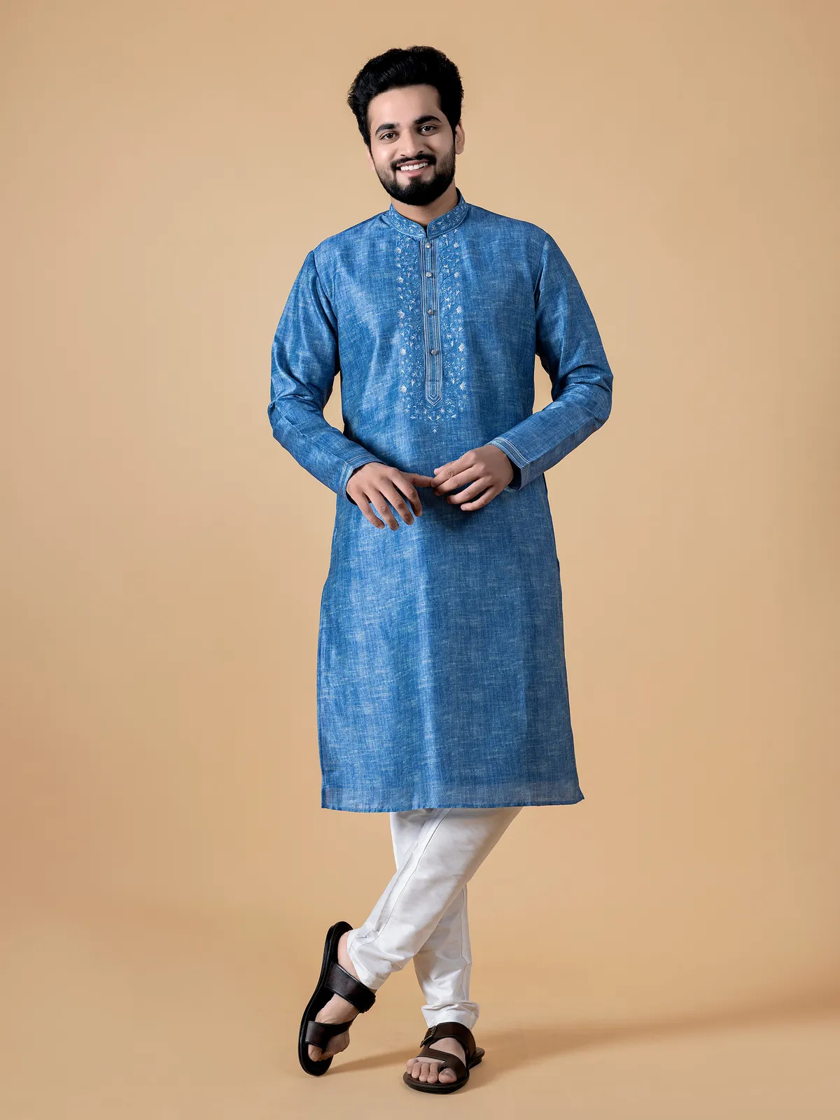 Royal blue silk embroidery kurta suit