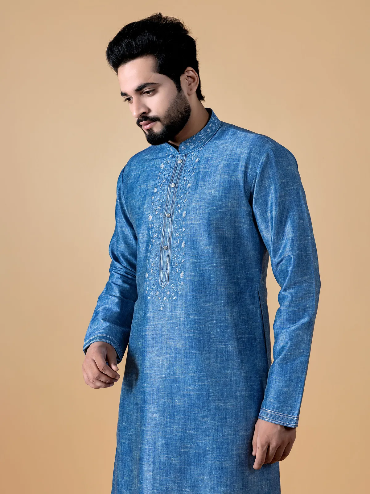 Royal blue silk embroidery kurta suit