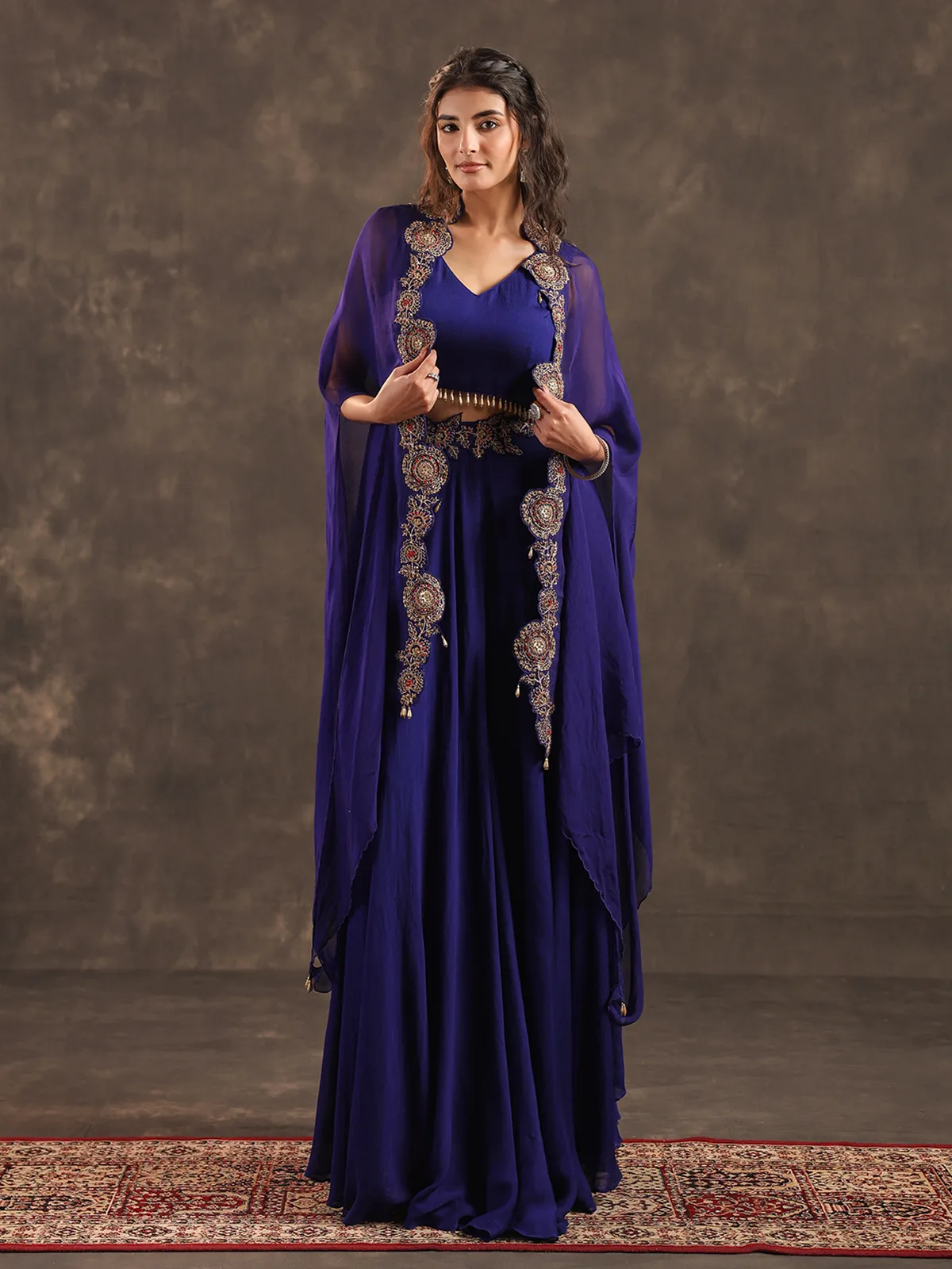 Royal blue viscose crepe designer palazzo suit with shrug