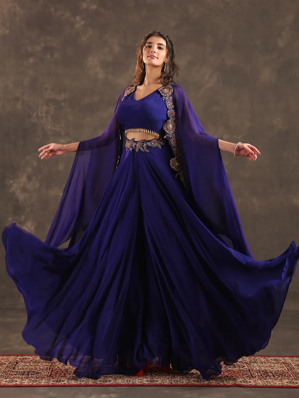 Royal blue viscose crepe designer palazzo suit with shrug