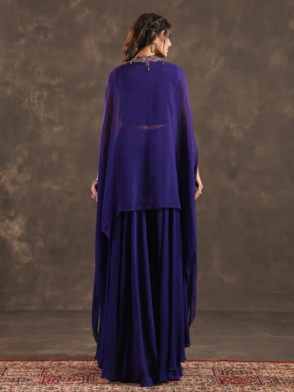 Royal blue viscose crepe designer palazzo suit with shrug
