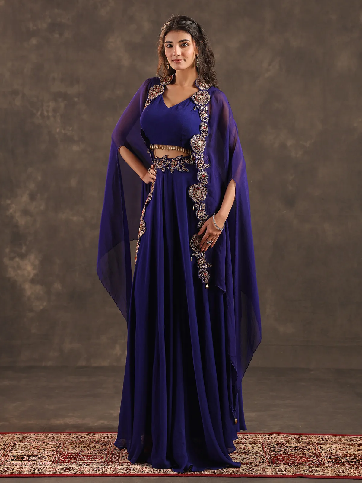 Royal blue viscose crepe designer palazzo suit with shrug