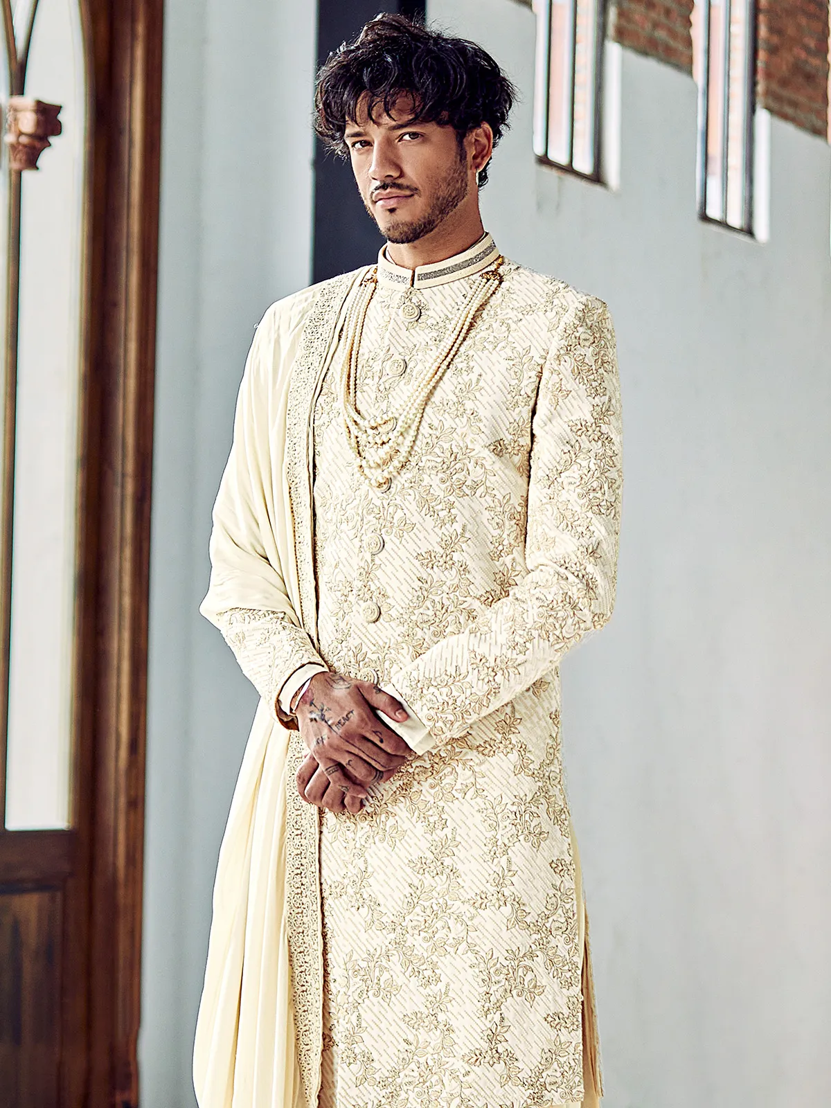 Royal cream silk sherwani for groom