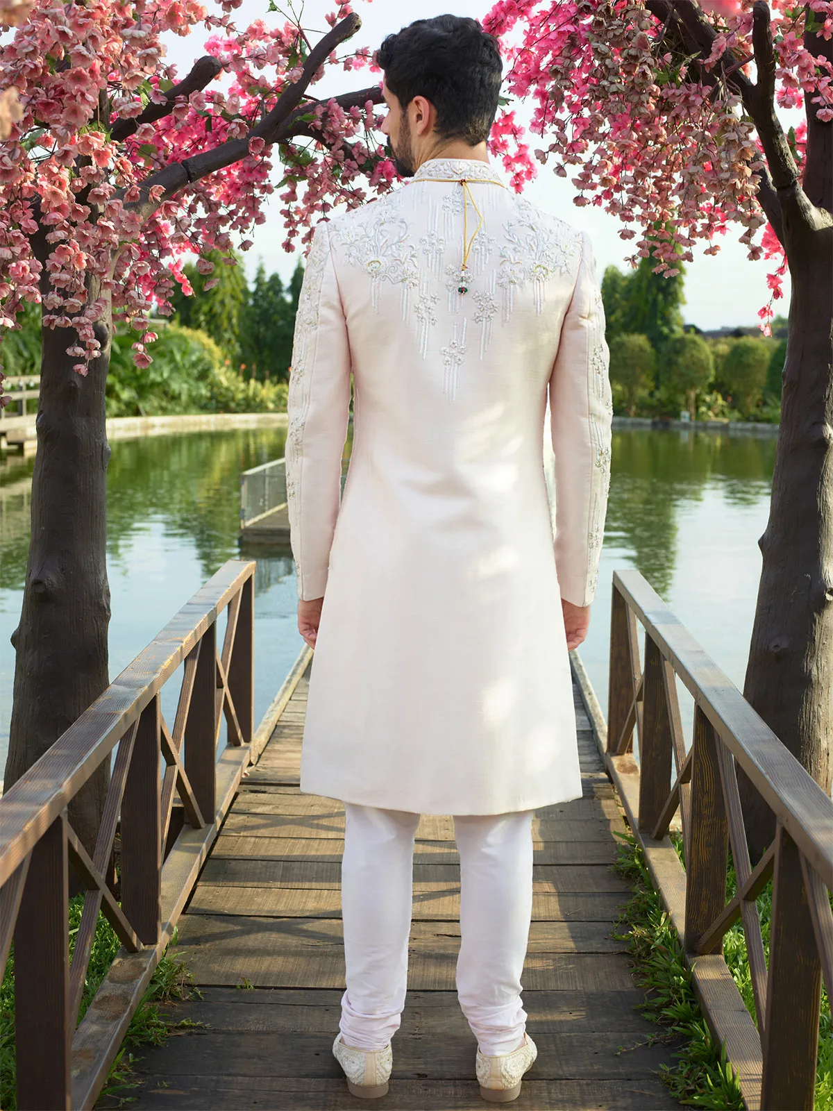 Royal light pink silk sherwani