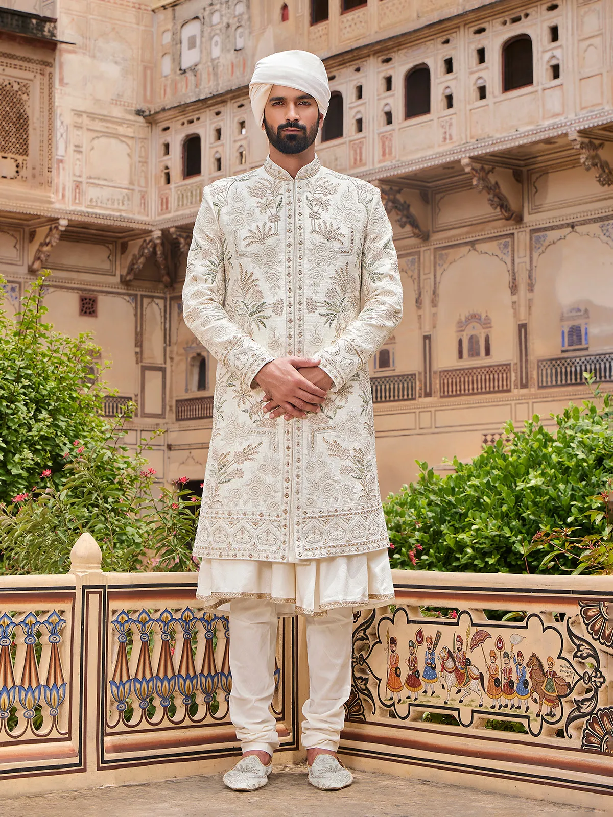 Royal white raw silk sherwani