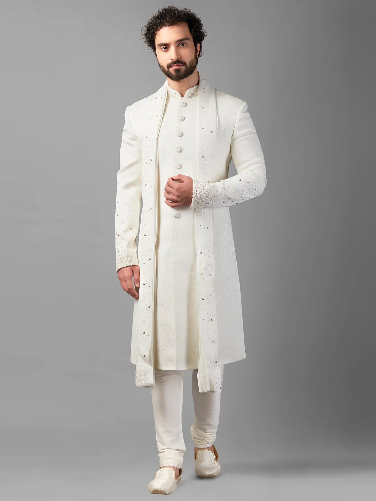 Royal white silk sherwani