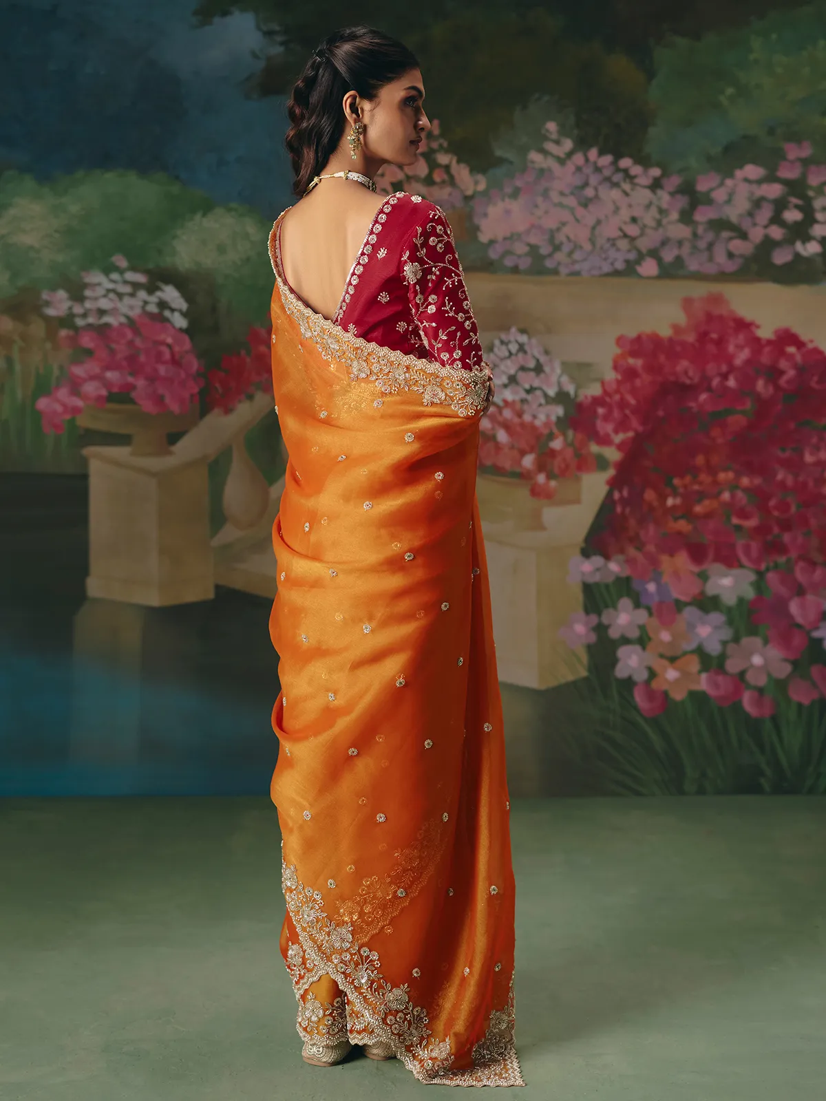 Rust orange chinon silk saree for wedding wear