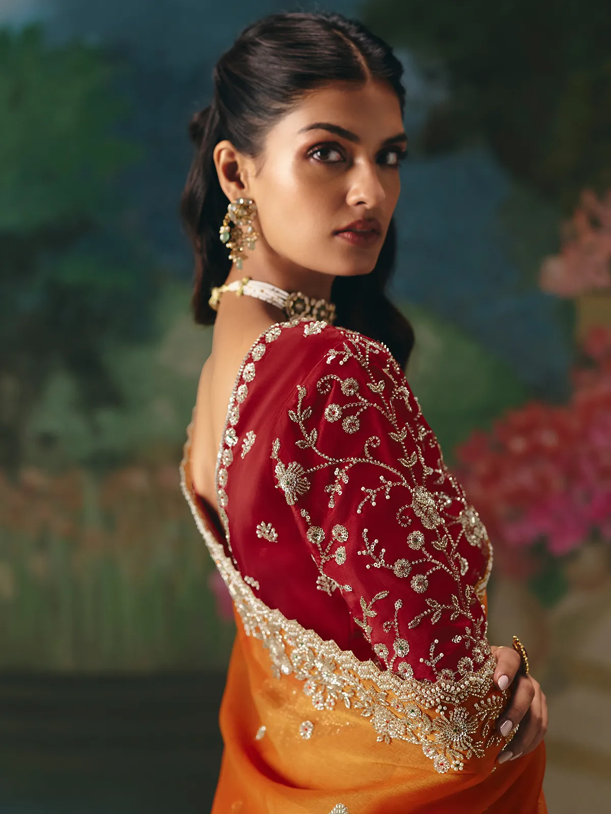 Rust orange chinon silk saree for wedding wear