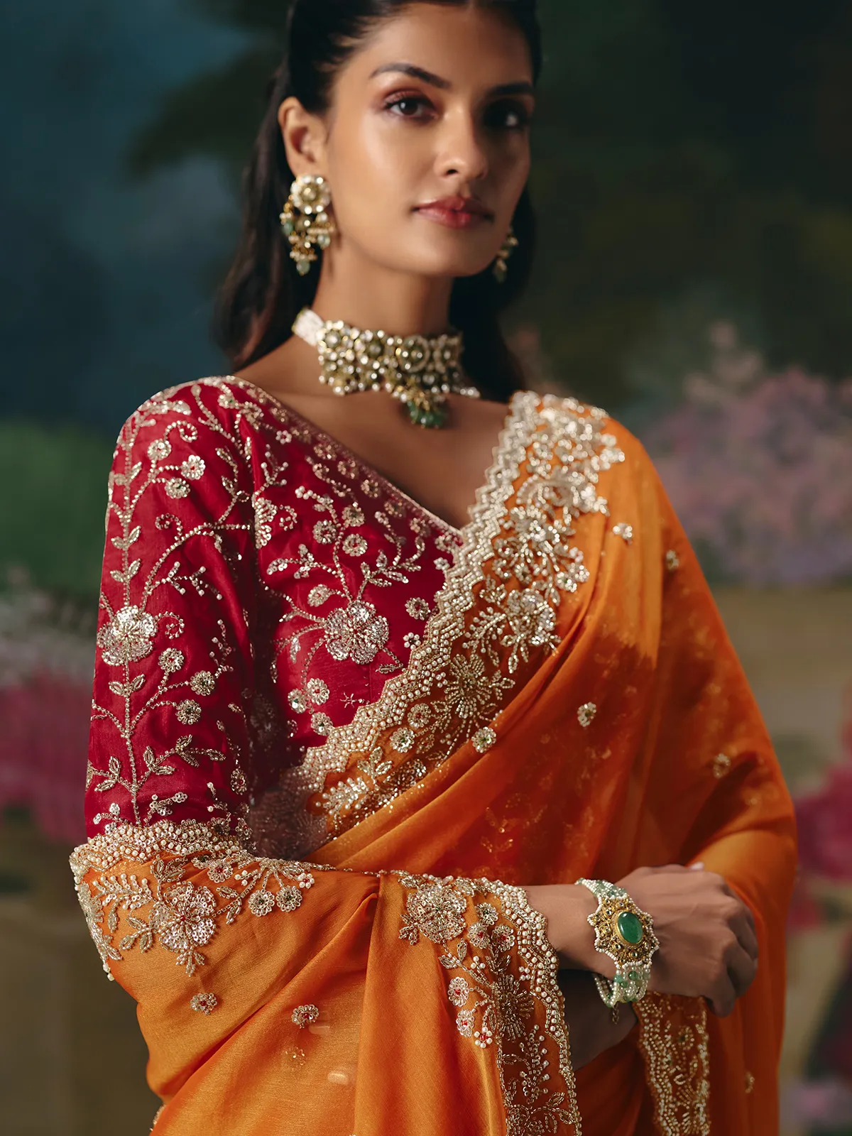 Rust orange chinon silk saree for wedding wear