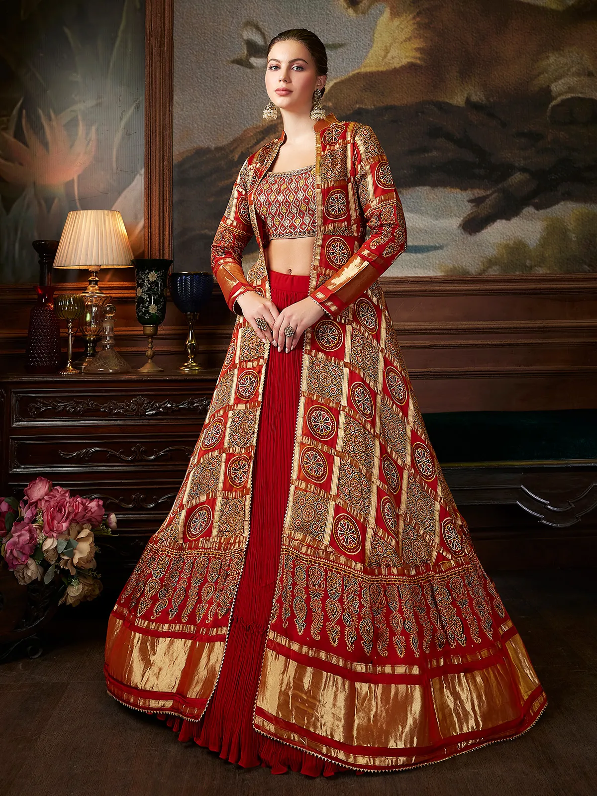 Rust orange jacket style lehenga choli