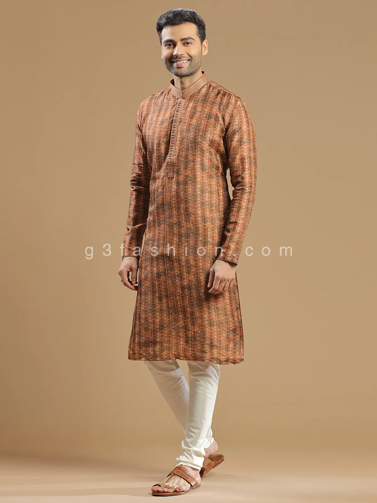 Rust orange men festive wear silk  Kurta pajama