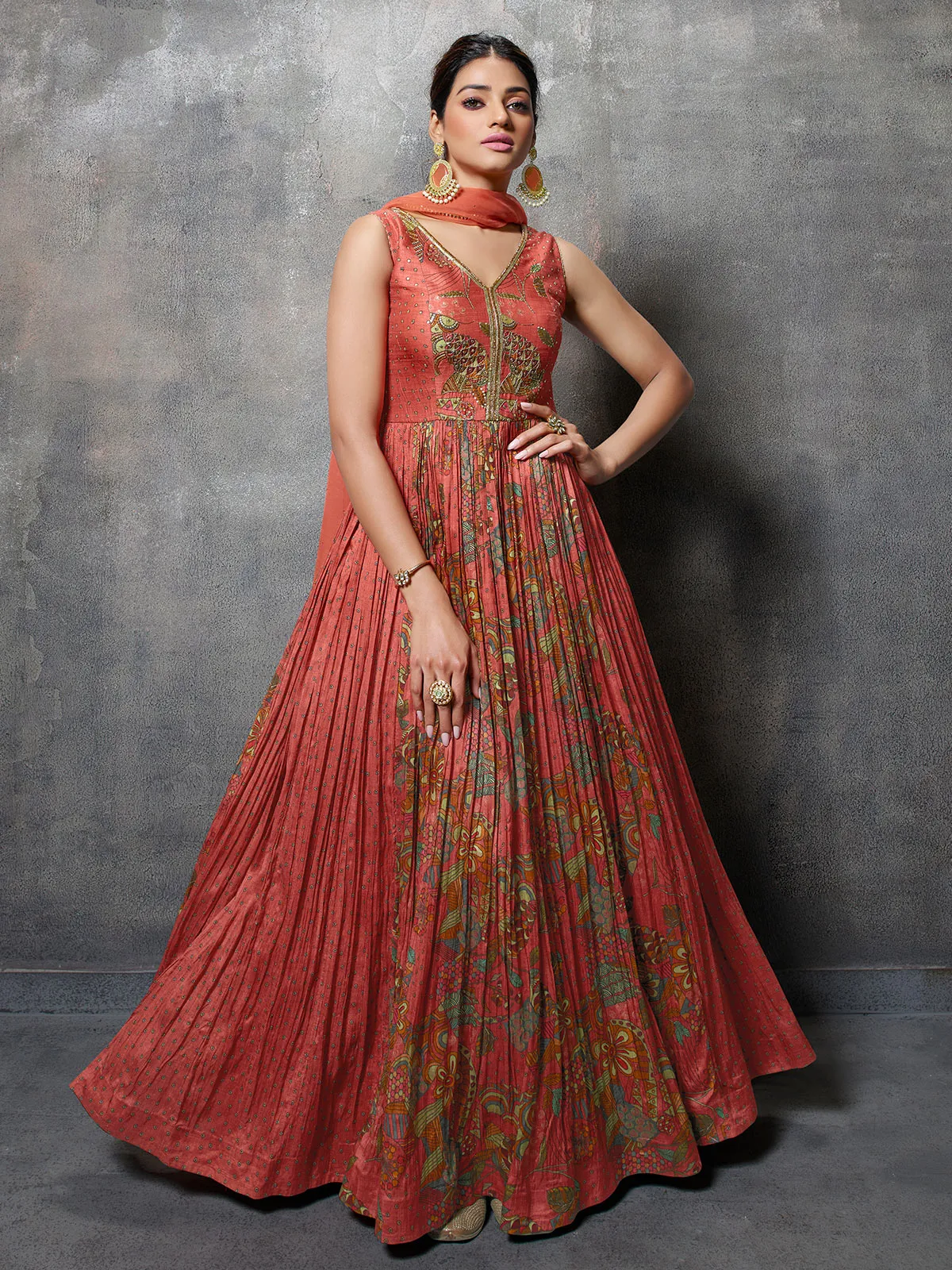 Rust orange printed anarkali suit in silk