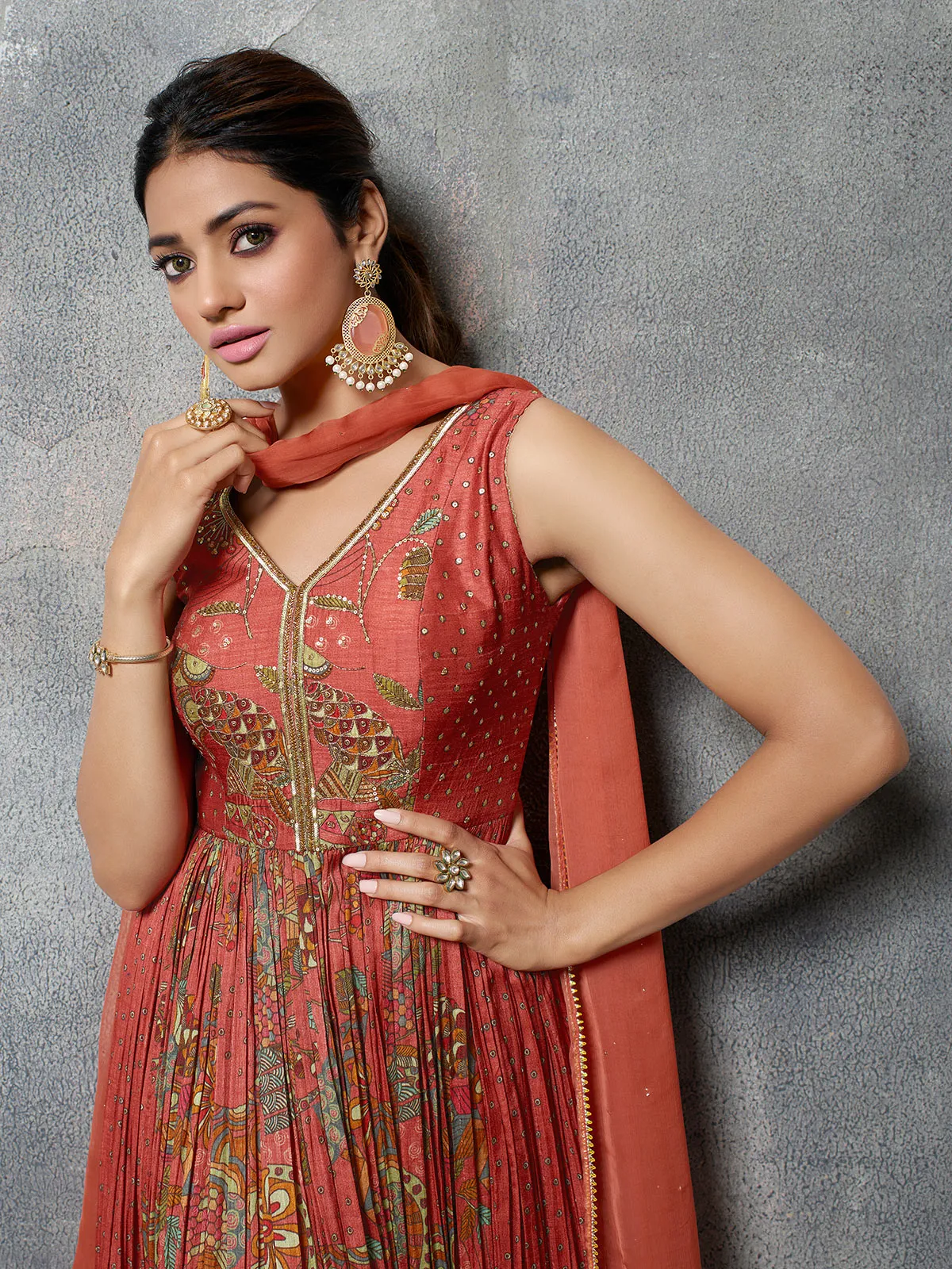 Rust orange printed anarkali suit in silk