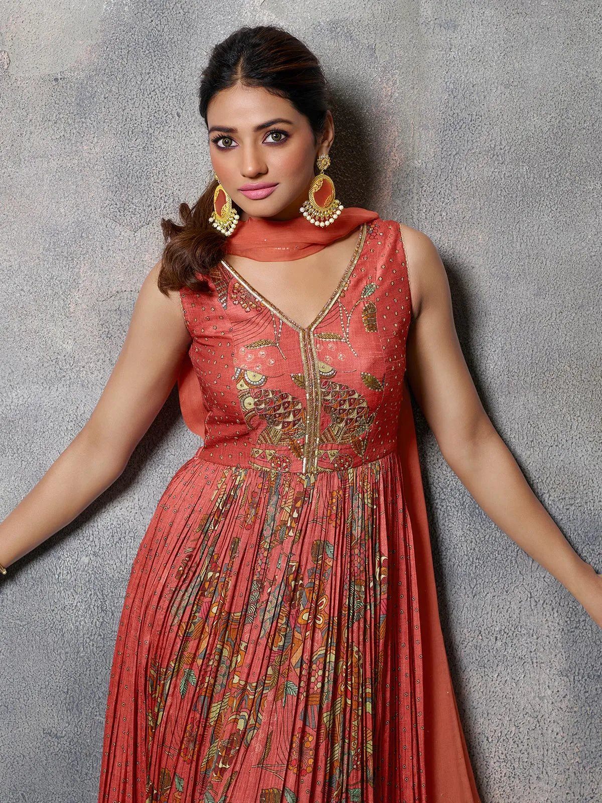 Rust orange printed anarkali suit in silk