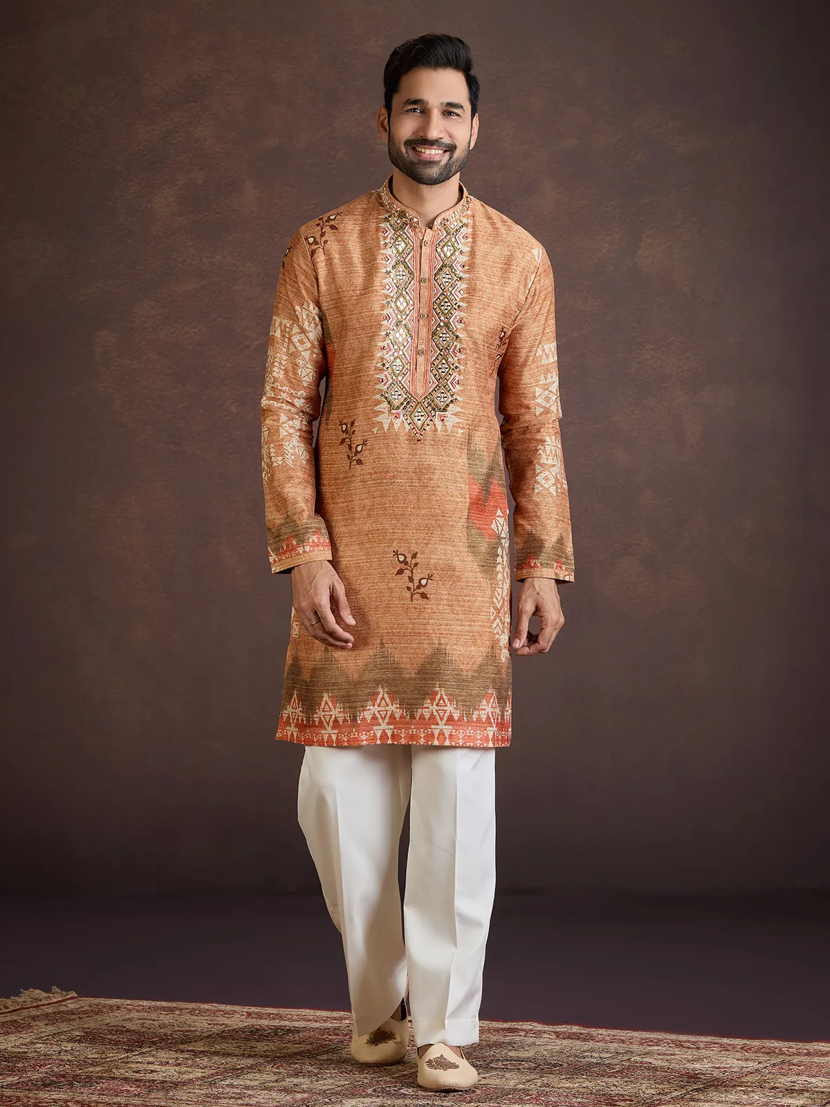 Rust orange printed silk kurta suit with dupatta