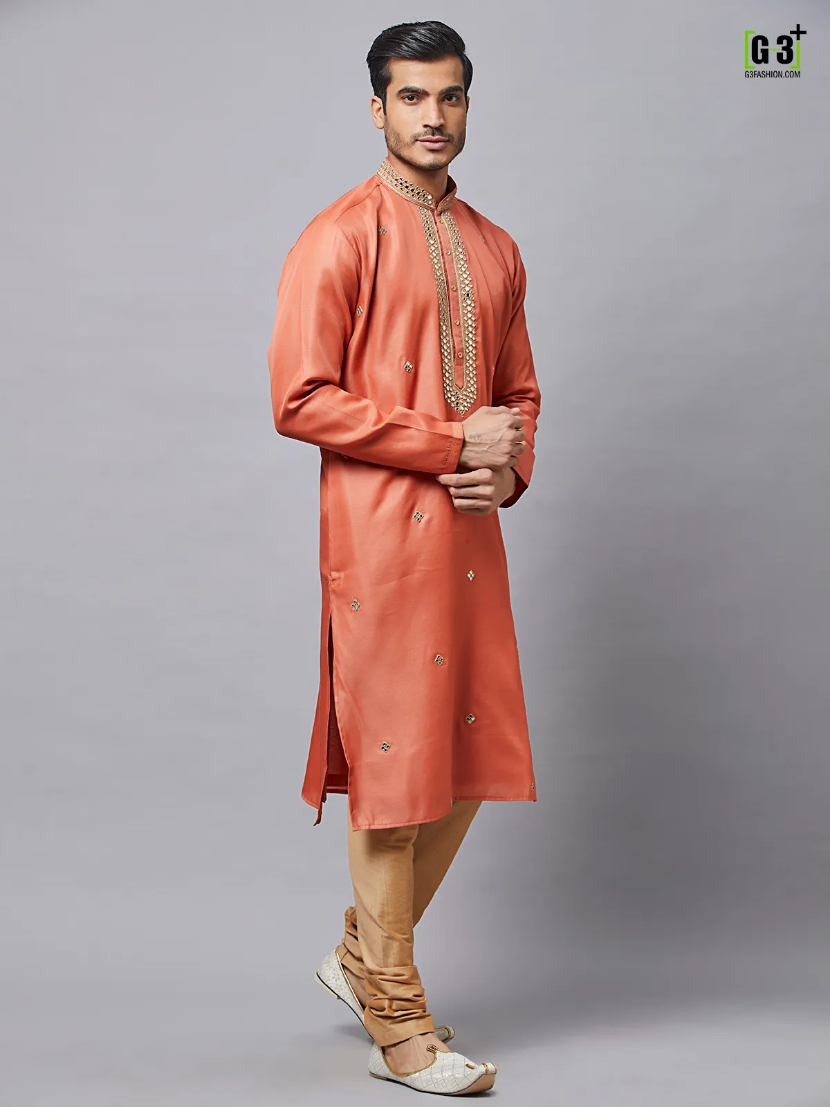 Rust orange silk Kurta Set for Men