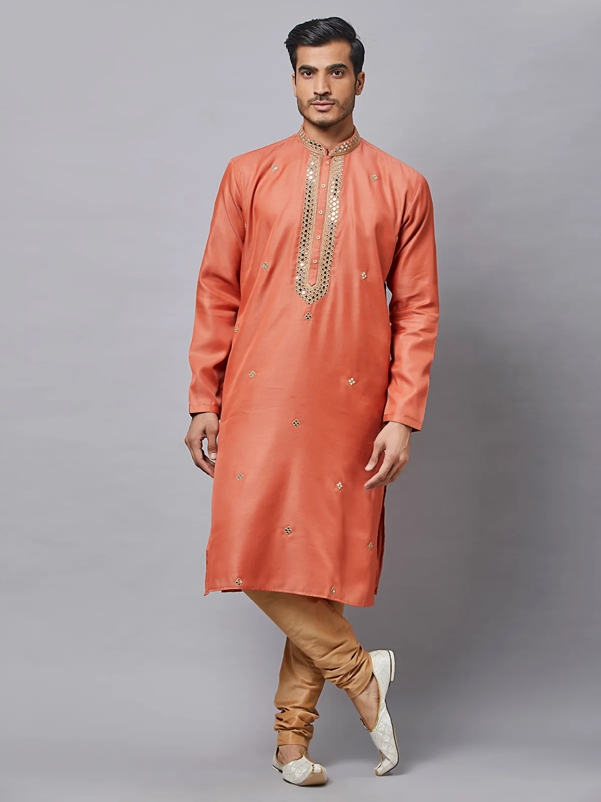 Rust orange silk Kurta Set for Men