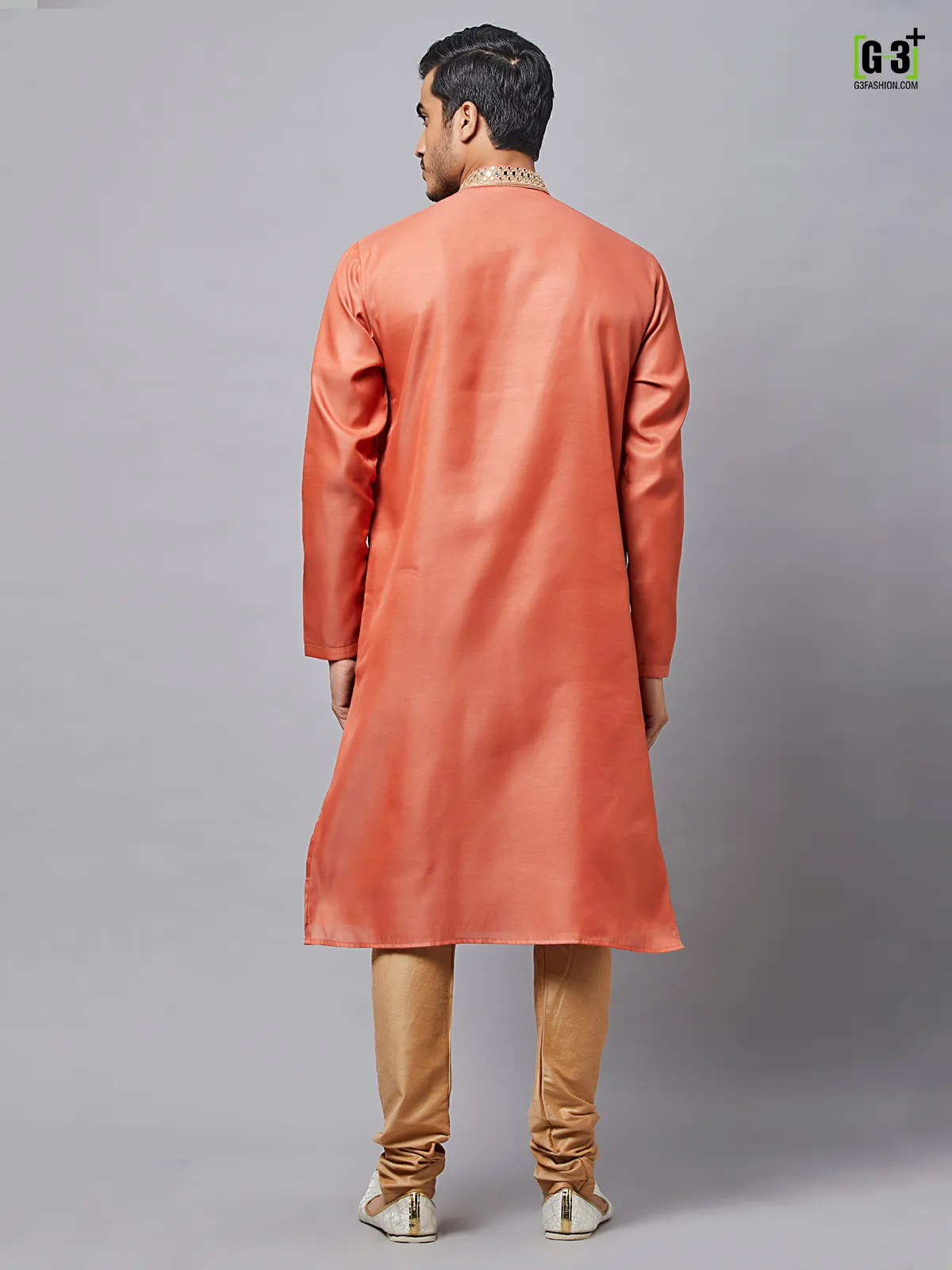 Rust orange silk kurta suit for men