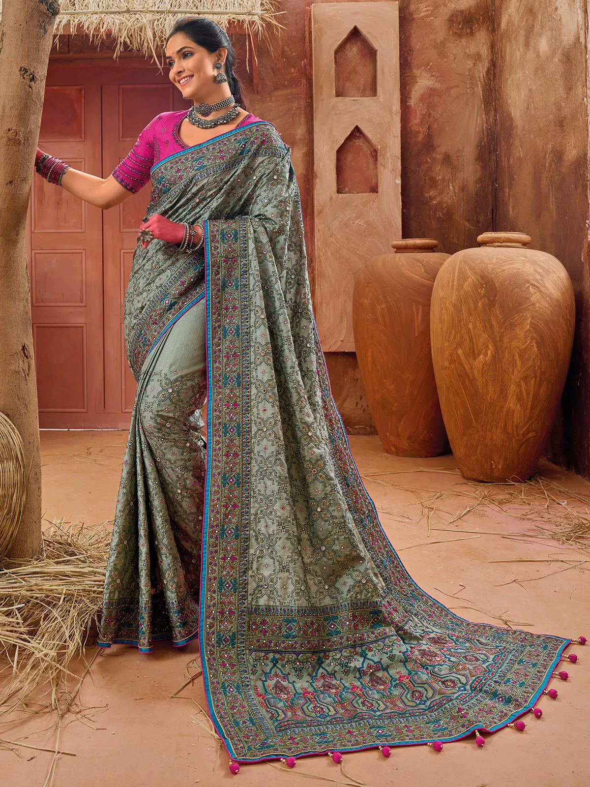 Sage green banarasi silk saree