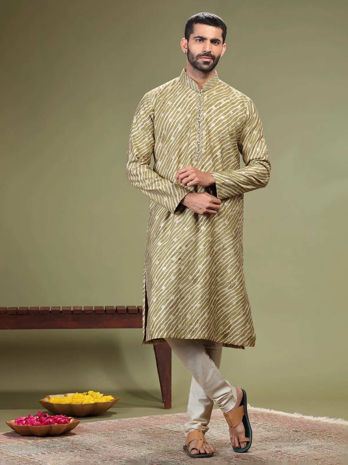 Sage green cotton silk printed  Men Kurta pajama