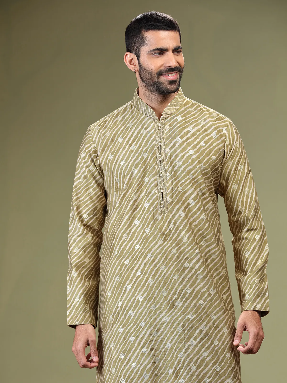 Sage green cotton silk printed  Men Kurta pajama