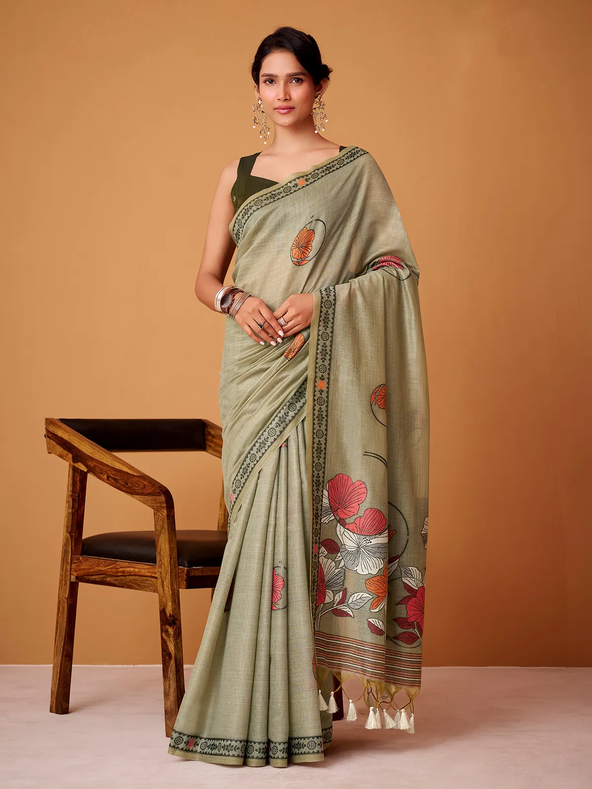 Sage green floral jamdani cotton festive saree