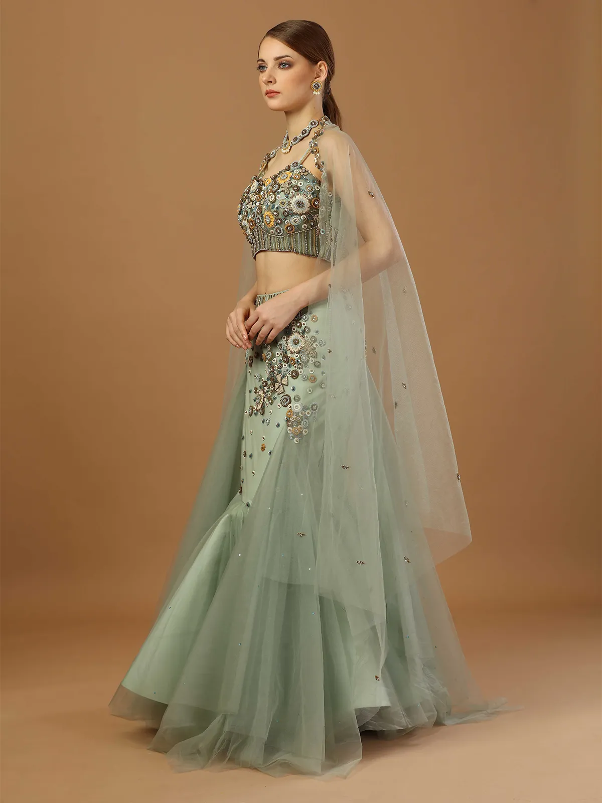 Sage green net fish cut lehenga choli