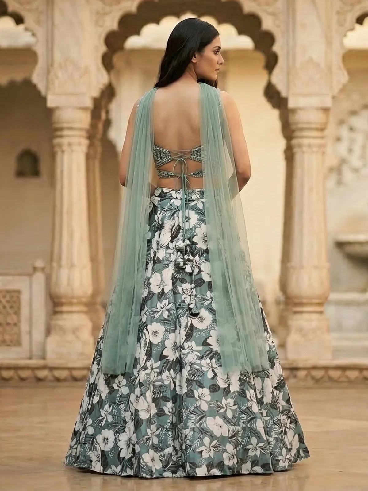 Sage green silk floral zardosi mirror lehenga choli