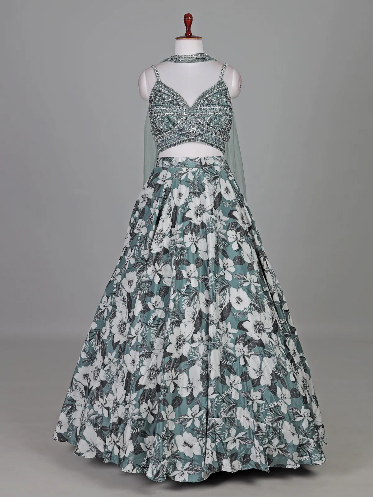 Sage green silk floral zardosi mirror lehenga choli