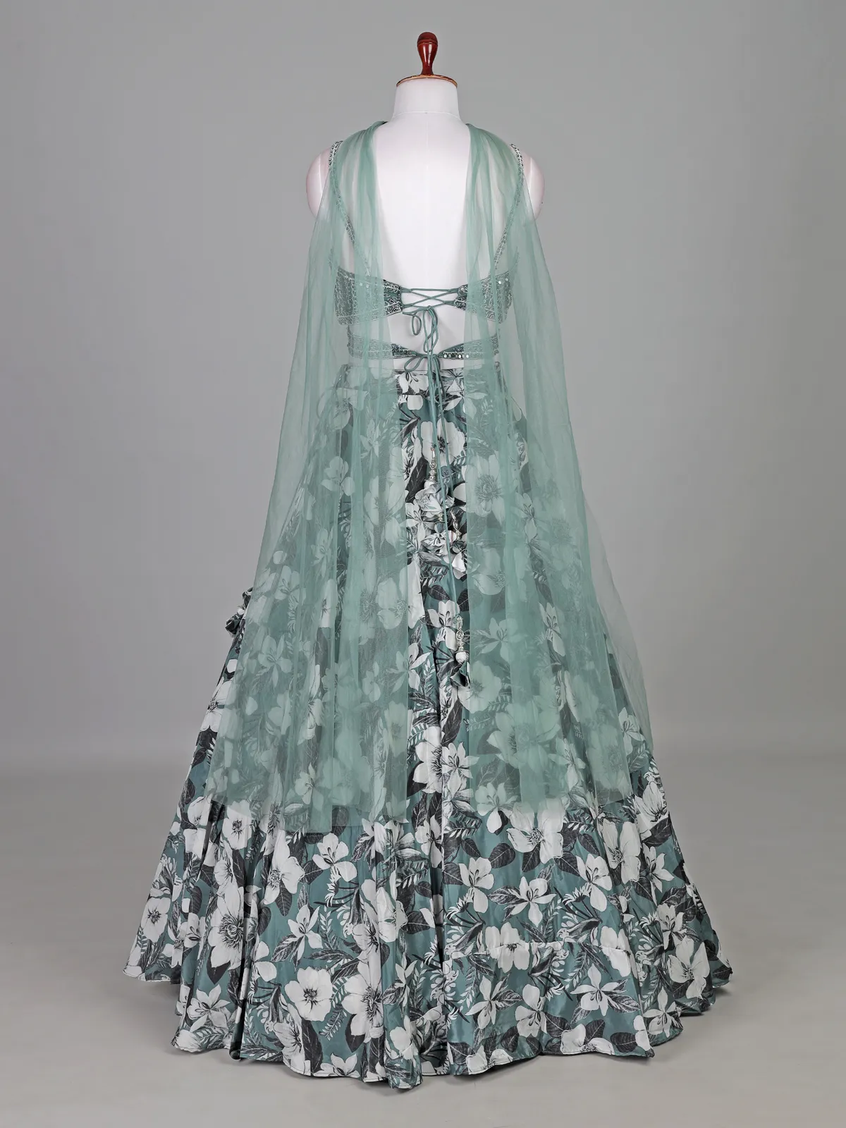 Sage green silk floral zardosi mirror lehenga choli