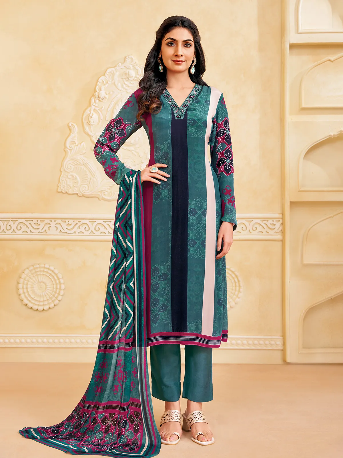 Sage green silk printed straight cut festive  salwar suit