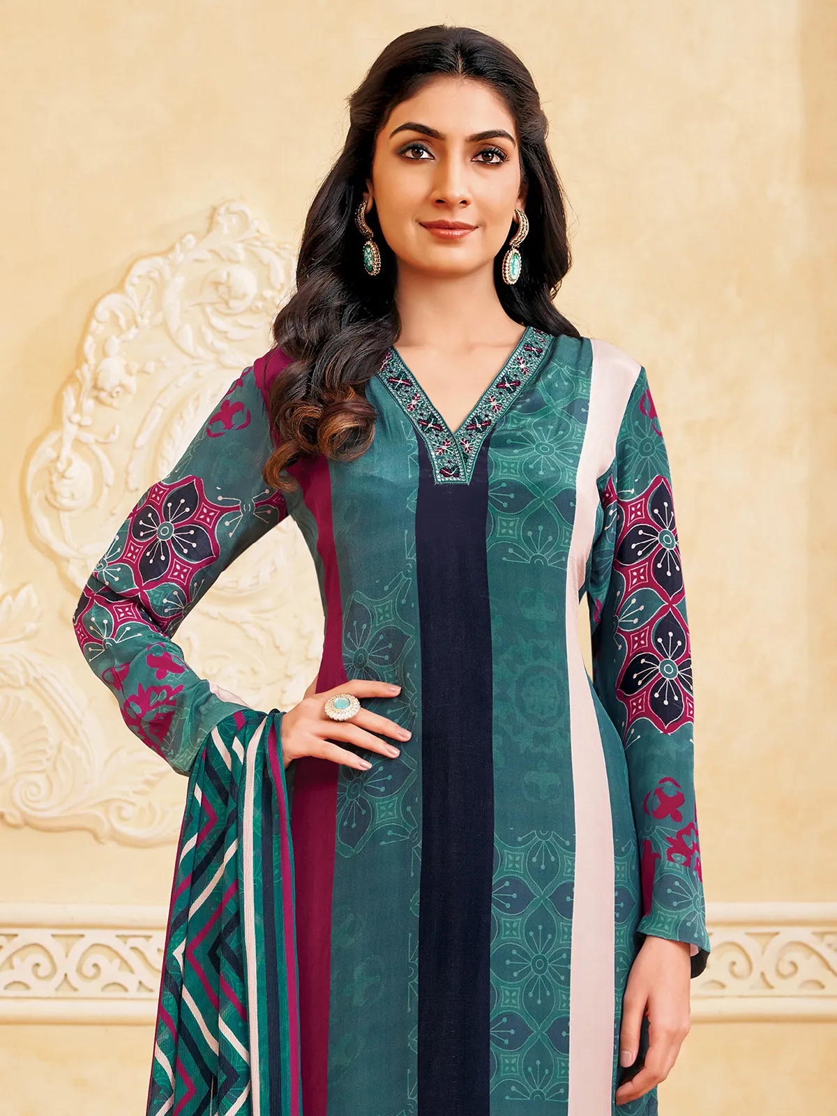 Sage green silk printed straight cut festive  salwar suit