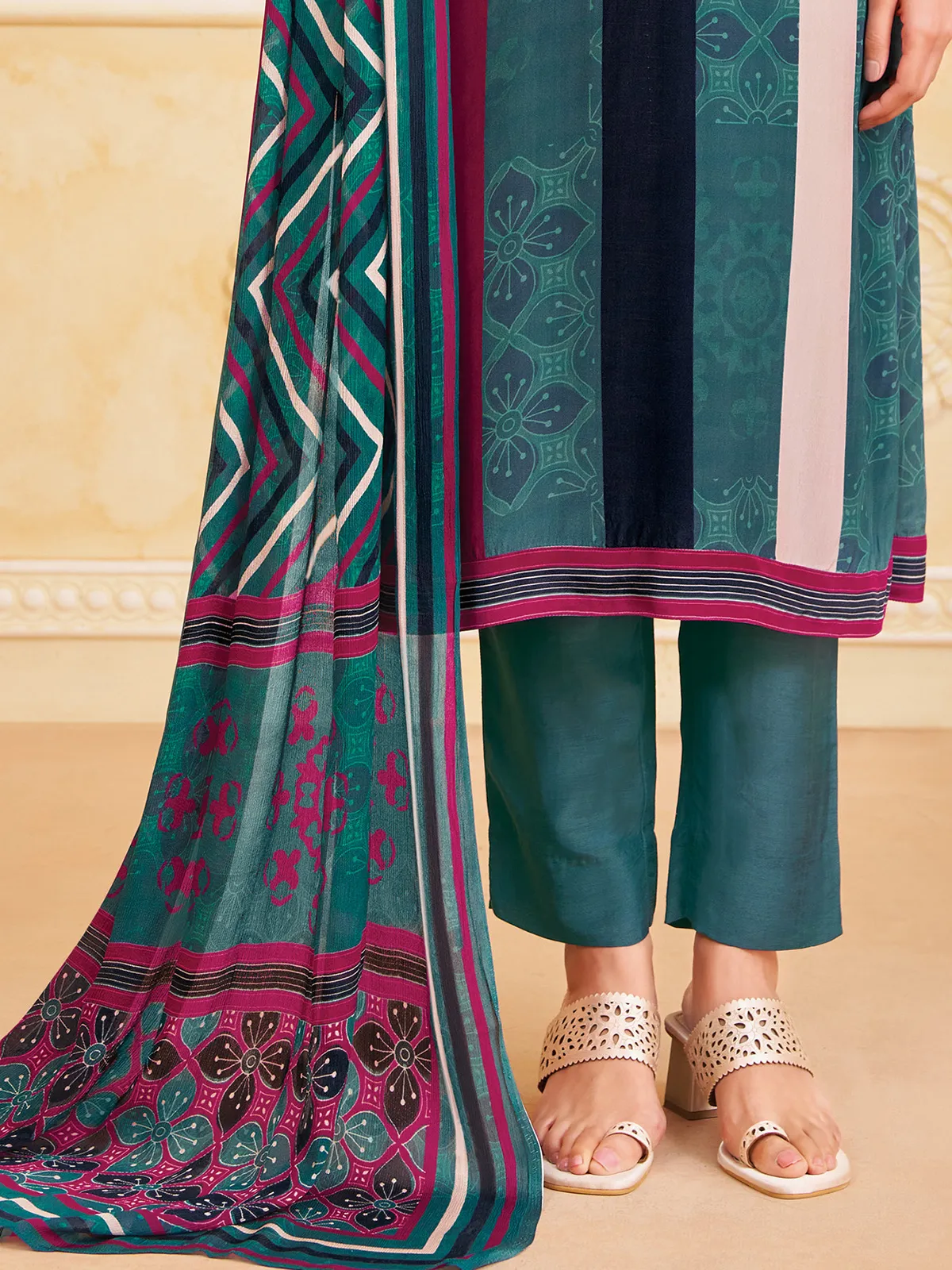 Sage green silk printed straight cut festive  salwar suit