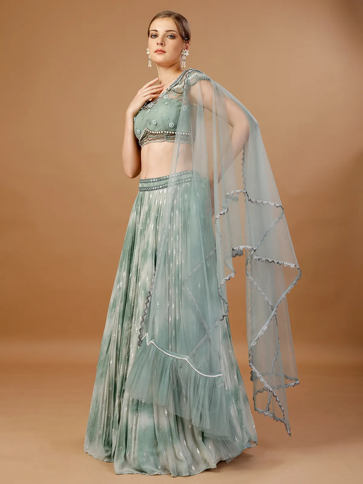 Sage green tie-dye lehenga choli