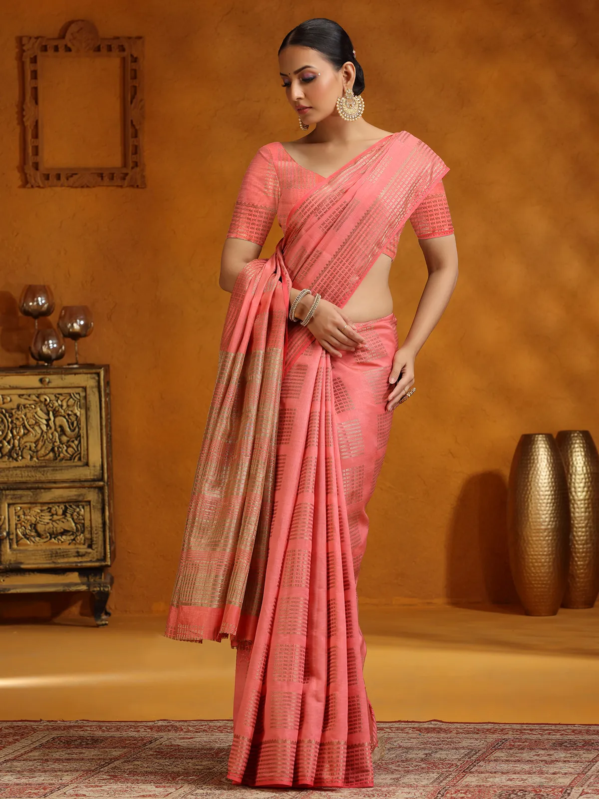 Salmon peach wedding wear silk saree