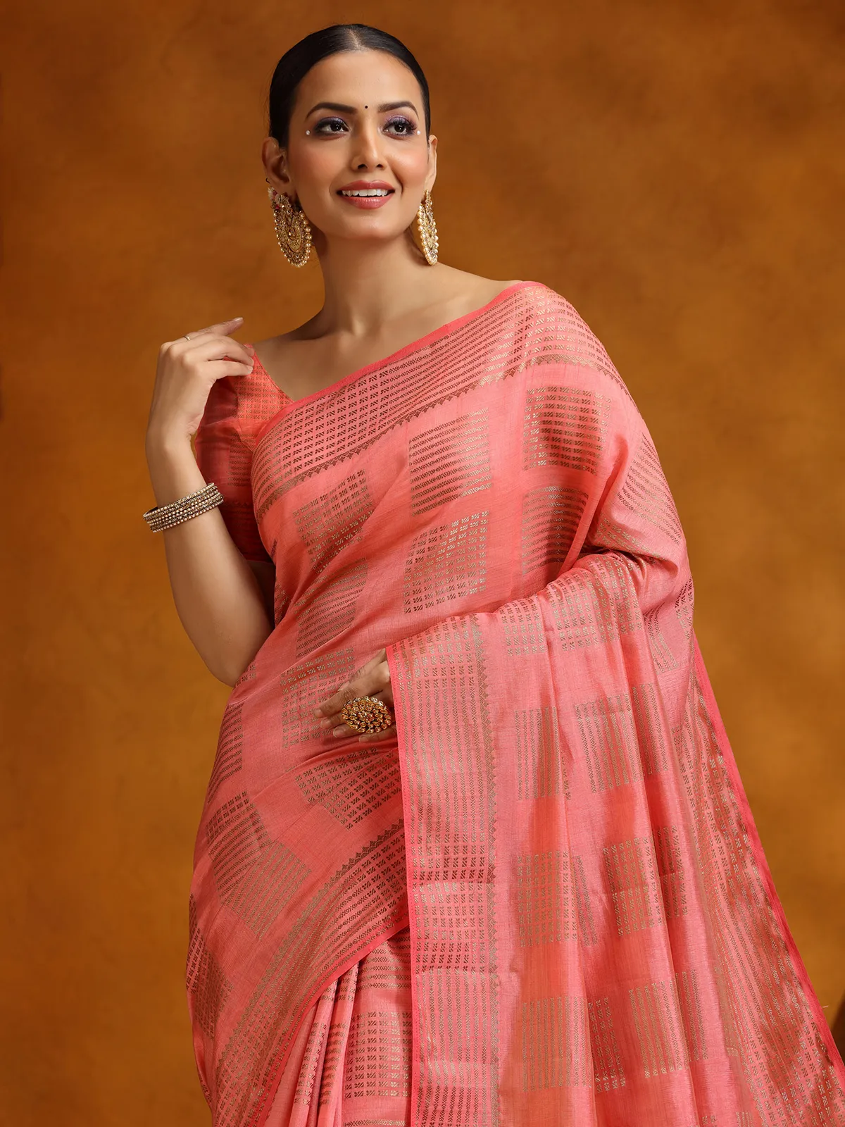 Salmon peach wedding wear silk saree