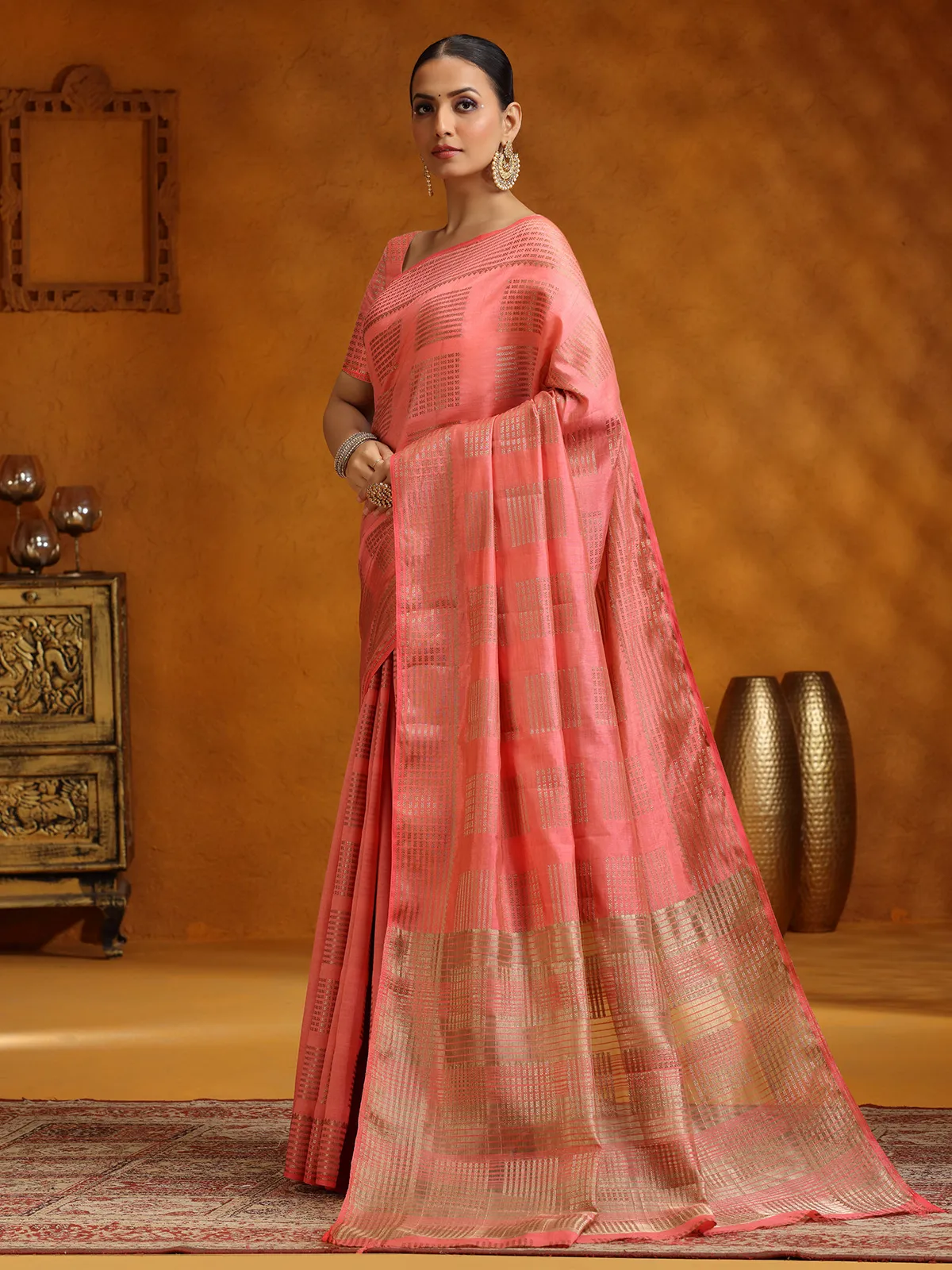 Salmon peach wedding wear silk saree