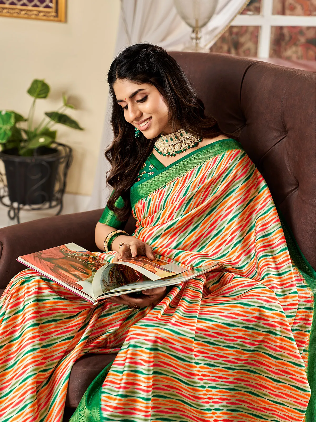 Satin green digital printed saree