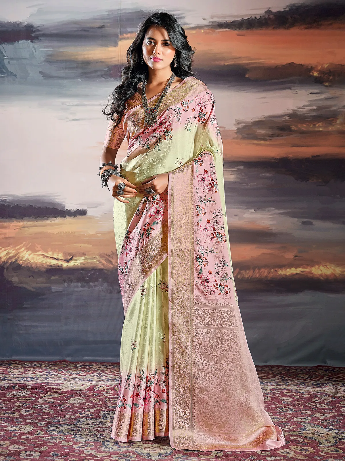 Satin light yellow printed saree