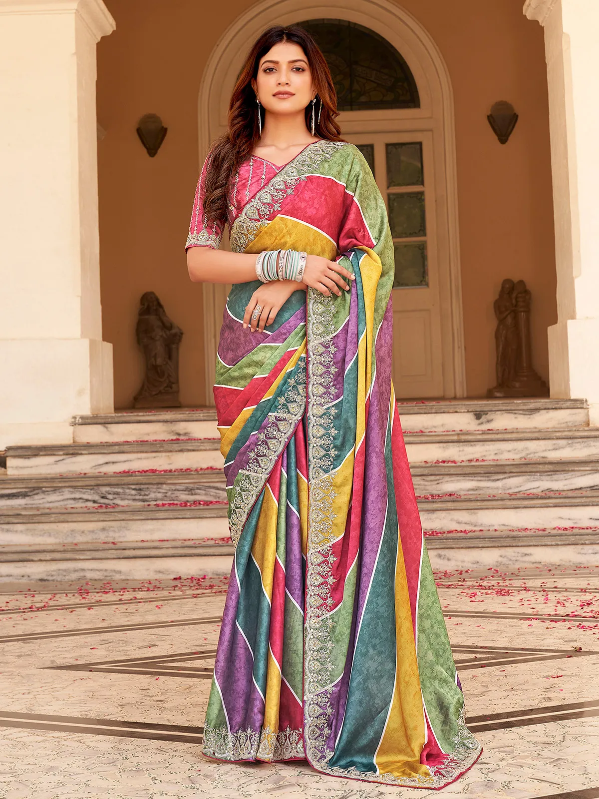 Satin multi color stripe saree