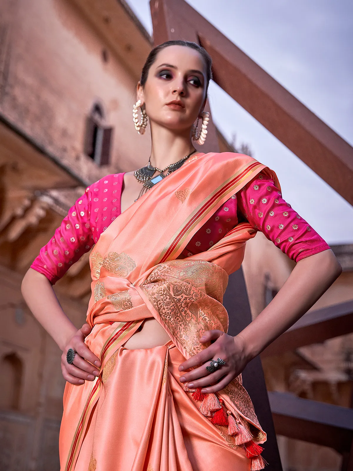 Satin peach zari weaving saree