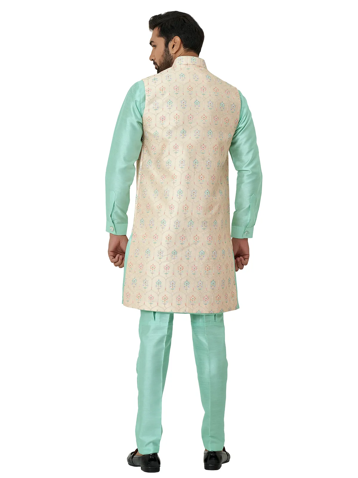 Sea green and cream silk indowestern