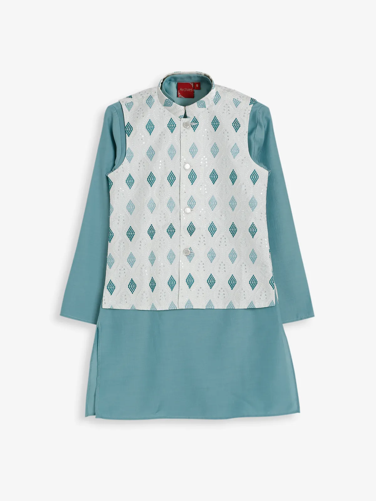 Sea green and white silk waistcoat set