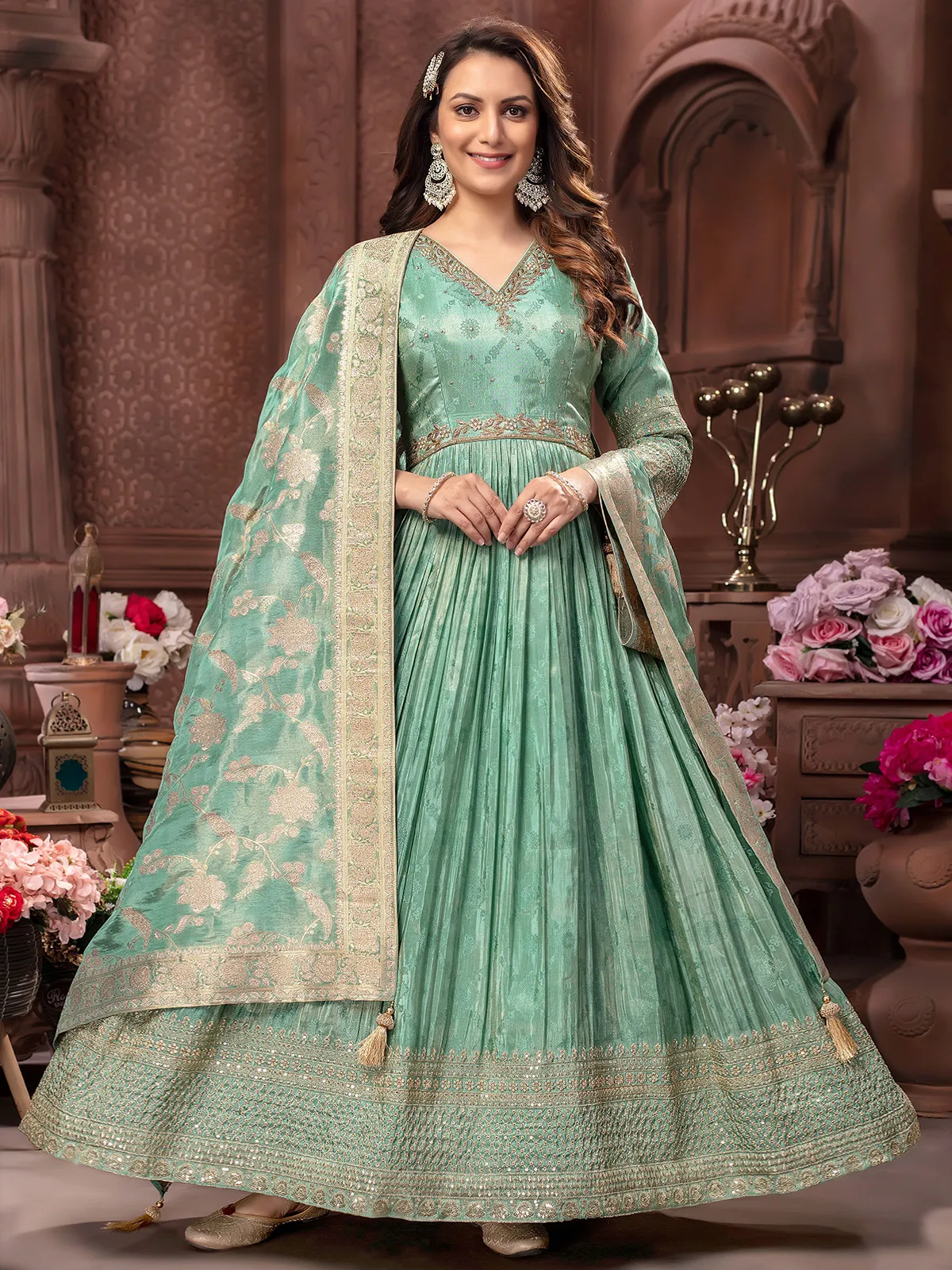 Sea green banarasi silk anarkali suit