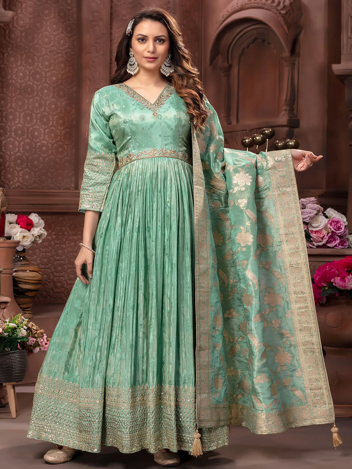 Sea green banarasi silk anarkali suit