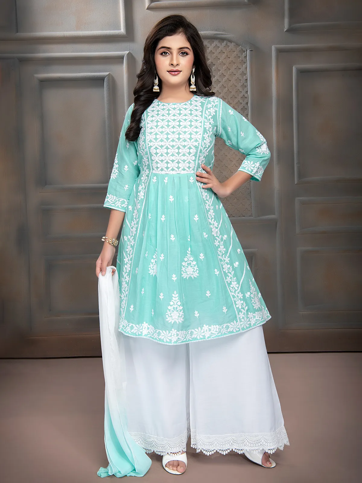 Sea green cotton palazzo suit